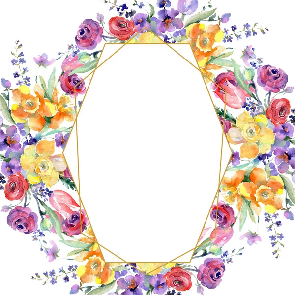 Sarı ve kırmızı buket çiçek botanik çiçekler. Suluboya arka plan illüstrasyon küme. Çerçeve kenarlığı süsleme Meydanı.