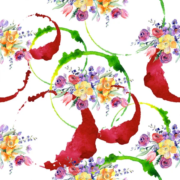 Fiori botanici floreali gialli e rossi. Acquerello sfondo illustrazione set. Modello di sfondo senza soluzione di continuità . — Foto Stock
