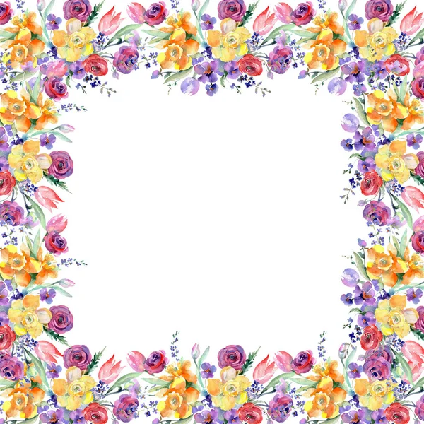 Gele en rode boeket bloemen botanische bloemen. Aquarel achtergrond afbeelding instellen. Frame grens ornament vierkant. — Stockfoto