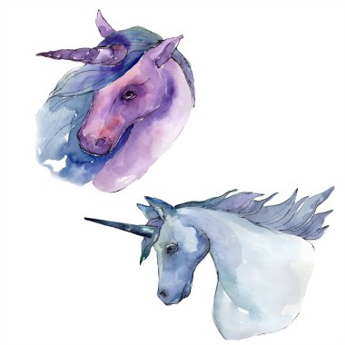 Şirin tek boynuzlu at. Gökkuşağı hayvan boynuz karakter. Suluboya arka plan ayarlamak. İzole tek boynuzlu at illüstrasyon öğesi.