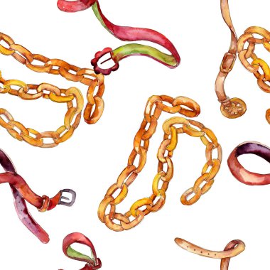 Altın zincir ve deri kemer kroki glamour illüstrasyon. Suluboya resim kümesi. Sorunsuz arka plan deseni.