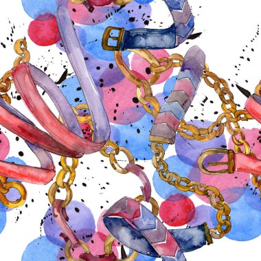 Altın zincir ve deri kemer kroki glamour illüstrasyon. Suluboya resim kümesi. Sorunsuz arka plan deseni.