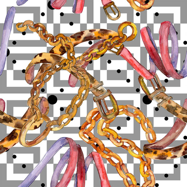 Гламурная иллюстрация золотой цепи и кожаного ремня. Набор акварельных рисунков. Бесшовный рисунок фона
.