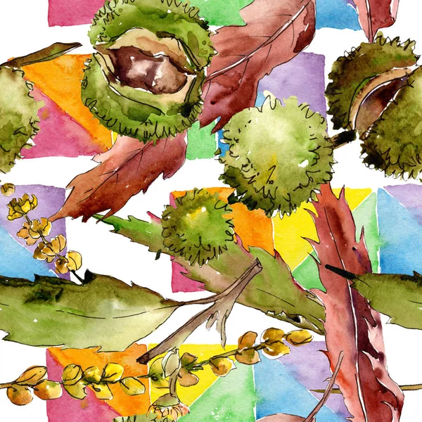 Słodkie liście kasztanowca i owoców. Zestaw ilustracji tle akwarela. Bezszwowe tło wzór. — Zdjęcie stockowe