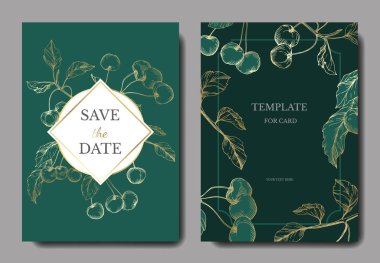 Kiraz meyve vektör. Altın ve yeşil mürekkep sanat kazınmış. Düğün arka plan kartı çiçek Dekoratif kenarlık.