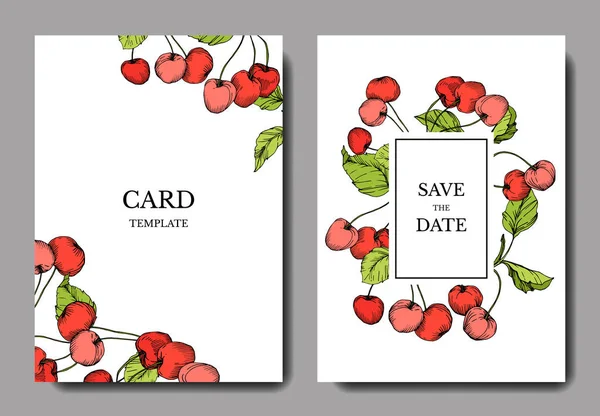 Vector Cherry fruits. Green leaf. Red and green engraved ink art. Wedding background card floral decorative border. — ストックベクタ