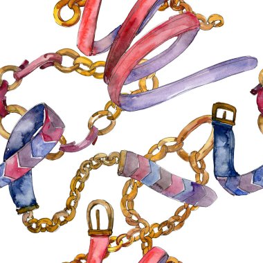 Altın zincir ve deri kemer kroki glamour illüstrasyon. Suluboya resim kümesi. Sorunsuz arka plan deseni.