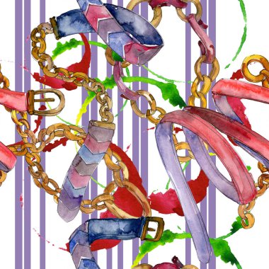 Altın zincir ve deri kemer kroki glamour illüstrasyon. Suluboya resim kümesi. Sorunsuz arka plan deseni.