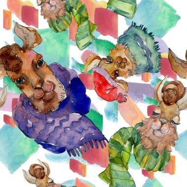 Çizgi film karakteri lama hayvan izole bir suluboya tarzında. Suluboya resim kümesi. Sorunsuz arka plan deseni.