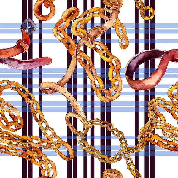 Golden chain and leather belt sketch glamour illustration. Watercolor illustration set. Seamless background pattern.