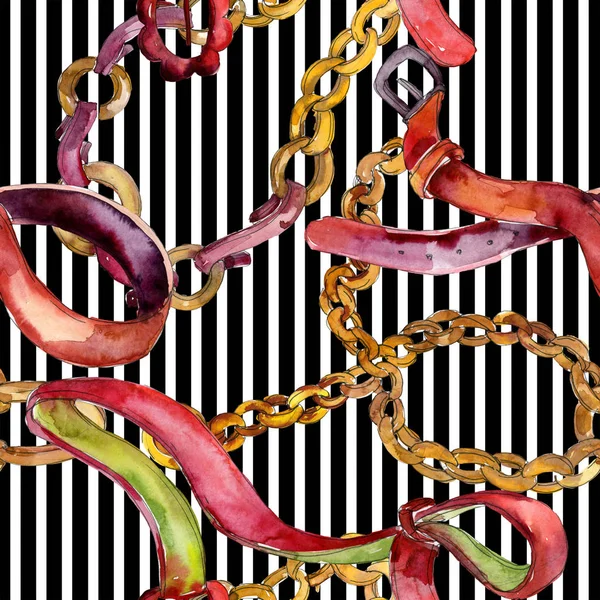 Golden chain and leather belt sketch glamour illustration. Watercolor illustration set. Seamless background pattern.