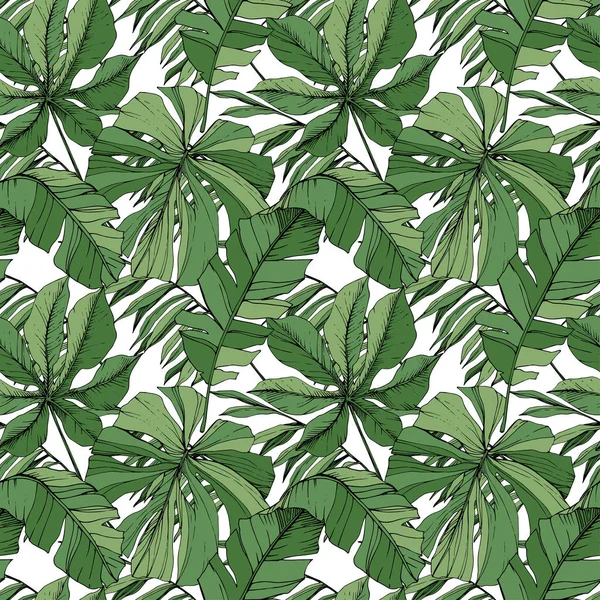 Vector Green leaf plant garden floral foliage. Engraved ink art. Palm beach tree leaves. Seamless background pattern. — Stock Vector