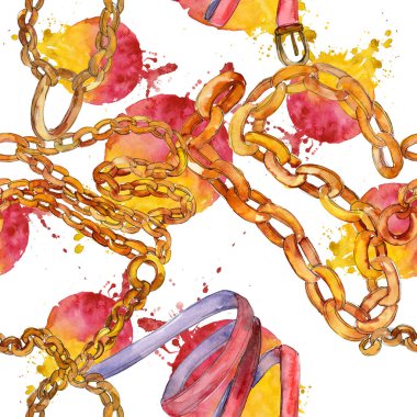 Altın zincir kemer glamour illüstrasyon suluboya tarzında. Giyim aksesuarları moda kıyafet ayarlayın. Suluboya çizim moda aquarelle. Sorunsuz arka plan deseni. Kumaş duvar kağıdı yazdırma doku.