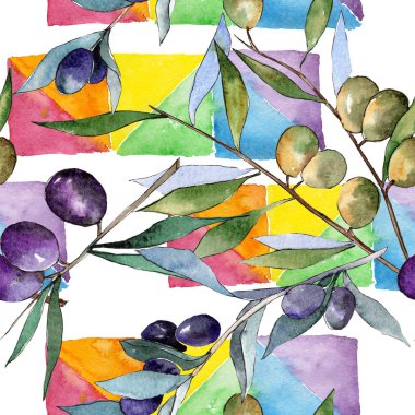 Yeşil ve siyah zeytin. Suluboya arka plan illüstrasyon küme. Sorunsuz arka plan deseni.