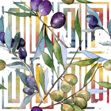 Yeşil ve siyah zeytin. Suluboya arka plan illüstrasyon küme. Sorunsuz arka plan deseni.