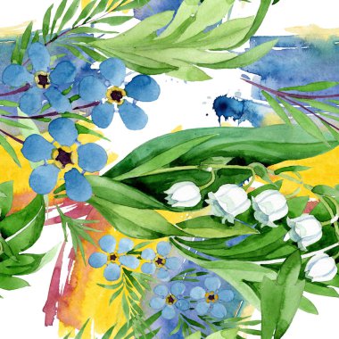 Beni fakirler ve lily vadi çiçekler unut. Suluboya arka plan illüstrasyon küme. Sorunsuz arka plan deseni.