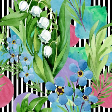 Beni fakirler ve lily vadi çiçekler unut. Suluboya arka plan illüstrasyon küme. Sorunsuz arka plan deseni.