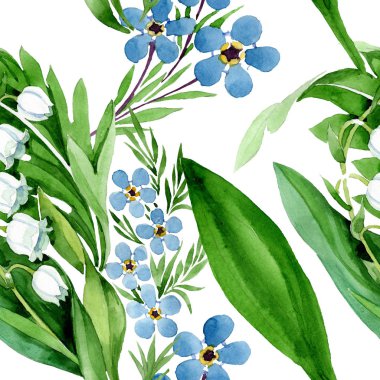 Beni fakirler ve lily vadi çiçekler unut. Suluboya arka plan illüstrasyon küme. Sorunsuz arka plan deseni.