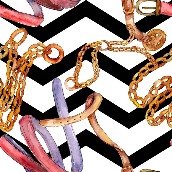 Golden chain belt sketch fashion glamour illustration in a watercolor style background. Seamless background pattern.