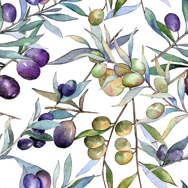 Yeşil ve siyah zeytin. Suluboya arka plan illüstrasyon küme. Sorunsuz arka plan deseni.