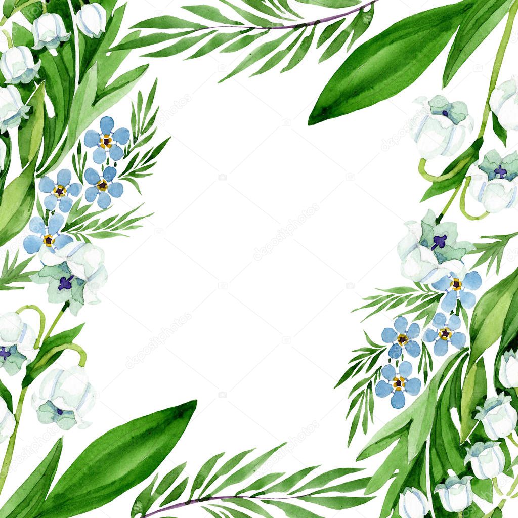 Forget me nots and lily of the valley flowers. Watercolor background illustration set. Frame border ornament square.