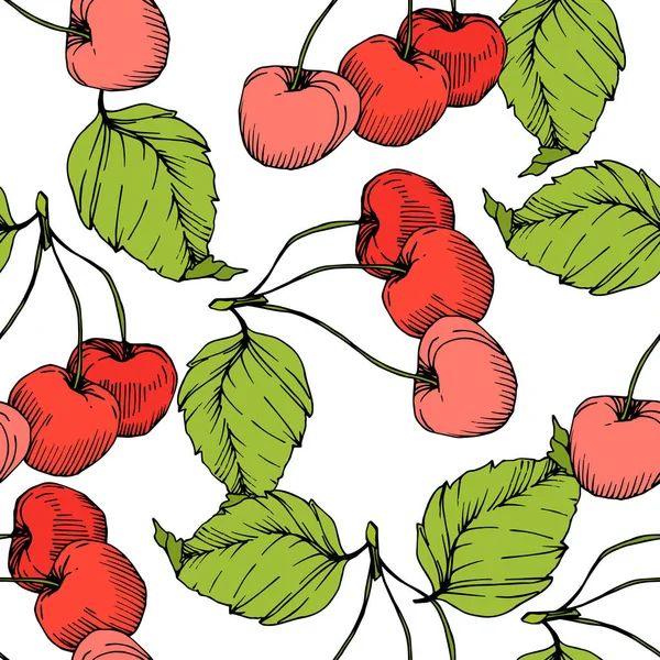 Vetor Frutas de cereja no fundo branco. Folha verde. Tinta vermelha e verde gravada arte. Padrão de fundo sem costura . — Vetor de Stock