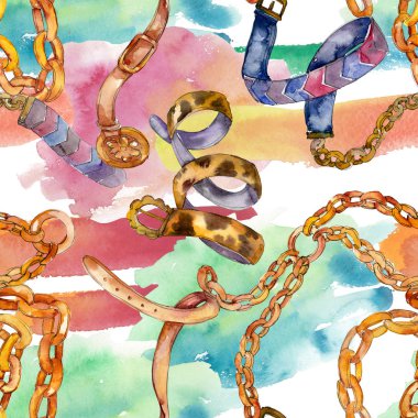 Altın zincir kemer kroki moda glamour çizimde bir suluboya stili arka plan. Sorunsuz arka plan deseni.