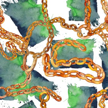 Altın zincir kemer kroki moda glamour çizimde bir suluboya stili arka plan. Sorunsuz arka plan deseni.