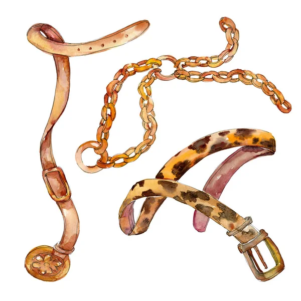 Cadena dorada y cinturón de cuero moda glamour ilustración en un fondo de estilo acuarela. Elemento de cinturón aislado . — Foto de Stock
