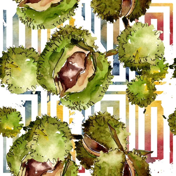 Kastanienblätter und -früchte. Aquarell Hintergrundillustration Set. nahtloses Hintergrundmuster. — Stockfoto