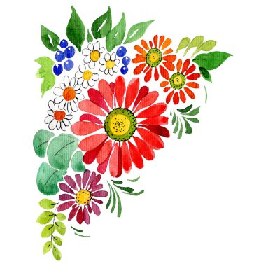 Kırmızı çiçekler Buket. Suluboya arka plan illüstrasyon küme. İzole buket illüstrasyon öğesi.