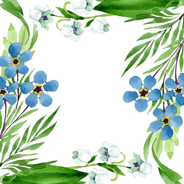 Vergeet me niet en bloemen van de lelie van de vallei. Aquarel achtergrond afbeelding instellen. Frame grens ornament vierkant. — Stockfoto