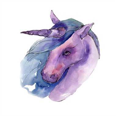 Şirin tek boynuzlu at hayvan boynuz karakter. Suluboya arka plan illüstrasyon küme. İzole tek boynuzlu at illüstrasyon öğesi.