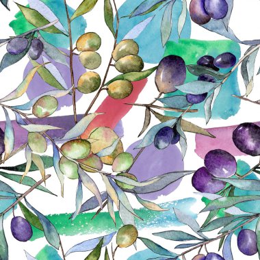 Yeşil ve siyah zeytin. Suluboya arka plan illüstrasyon küme. Sorunsuz arka plan deseni.