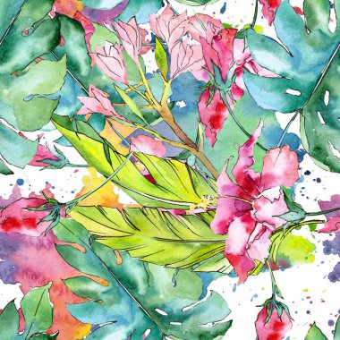 Pembe egzotik tropik hawaiian çiçek çiçek. Suluboya resim kümesi. Sorunsuz arka plan deseni.
