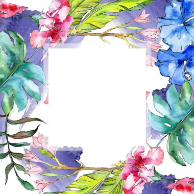 Mavi ve pembe egzotik tropik hawaiian çiçek. Suluboya arka plan illüstrasyon küme. Çerçeve kenarlığı süsleme Meydanı.