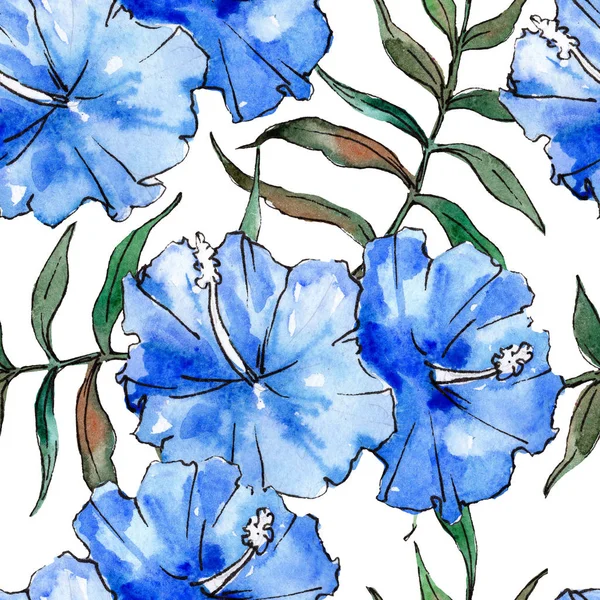 Fleur florale hawaïenne tropicale exotique bleue. Ensemble d'illustration aquarelle. Modèle de fond sans couture . — Photo