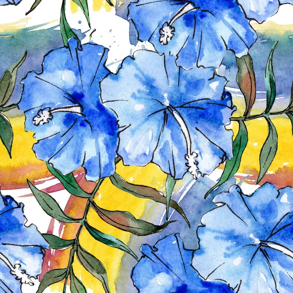 Blauwe exotische tropische Hawaiiaanse floral bloem. Aquarel illustratie set. Naadloze achtergrondpatroon. — Stockfoto