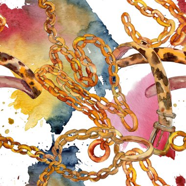 Altın zincir kemer kroki moda glamour çizimde bir suluboya stili arka plan. Sorunsuz arka plan deseni.