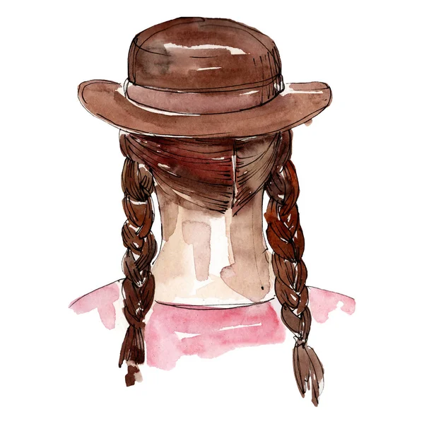 Mujer en sombrero marrón bosquejo glamour ilustración en un elemento aislado estilo acuarela. Conjunto de fondo acuarela . — Foto de Stock