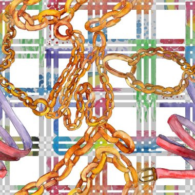 Altın zincir kemer kroki moda glamour çizimde bir suluboya stili arka plan. Sorunsuz arka plan deseni.