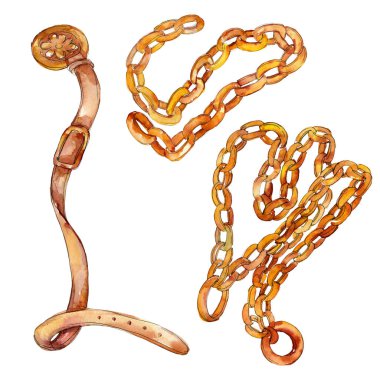 Altın zincir ve deri moda glamour illüstrasyon bir suluboya stili arka planda kemer. İzole kemer öğesi.