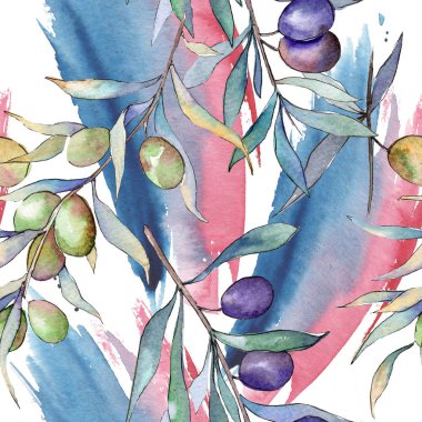 Yeşil ve siyah zeytin. Suluboya arka plan illüstrasyon küme. Sorunsuz arka plan deseni.