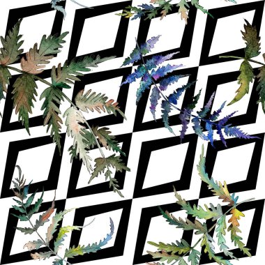 Fern yeşil yaprak. Botanik Bahçe çiçek bitki örtüsü bitki. Suluboya resim kümesi. Sorunsuz arka plan deseni.