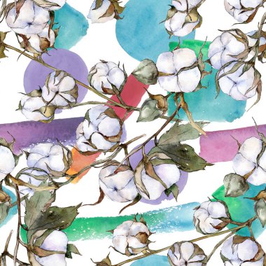 Beyaz pamuklu botanik çiçek. Suluboya arka plan illüstrasyon küme. Sorunsuz arka plan deseni.