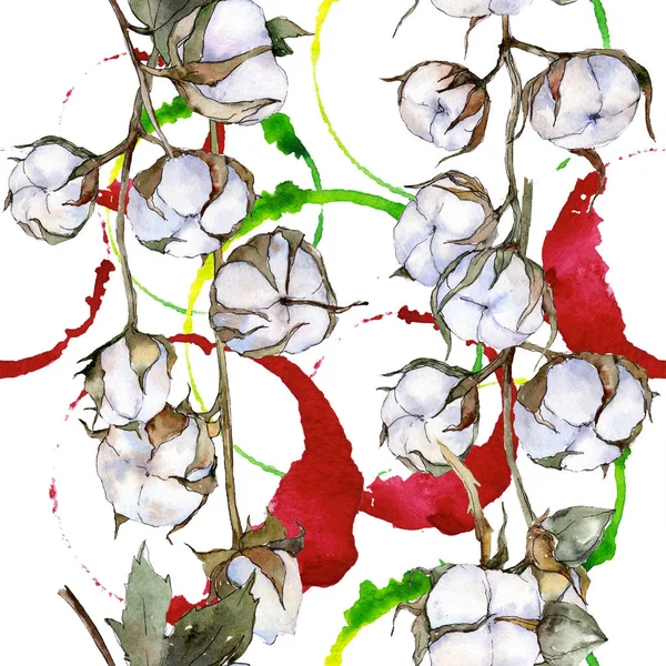 Botanische Blume aus weißer Baumwolle. Aquarell Hintergrundillustration Set. nahtloses Hintergrundmuster. — Stockfoto