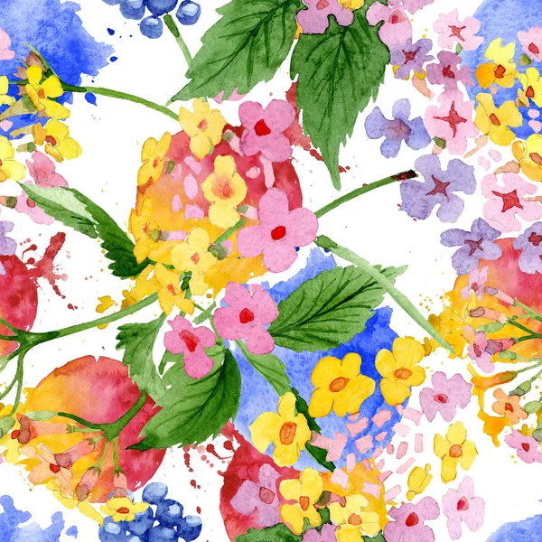 粉红色的兰塔纳花植物花。水彩背景插图集。无缝的背景模式. — 图库照片