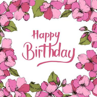 Vektör pembe elma çiçeği botanik çiçek. Oyulmuş mürekkep sanat. Çerçeve kenarlığı süsleme kare beyaz arka plan üzerinde.