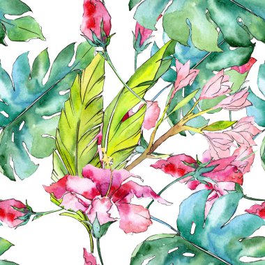 Pembe egzotik tropik hawaiian çiçek çiçek. Suluboya resim kümesi. Sorunsuz arka plan deseni.