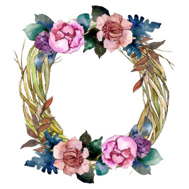 Şakayık ve etli buket çiçek. Suluboya arka plan illüstrasyon küme. Çerçeve kenarlığı süsleme Meydanı.